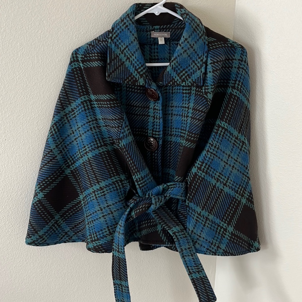 Nordstrom brand wool cape, blue/green/black plaid